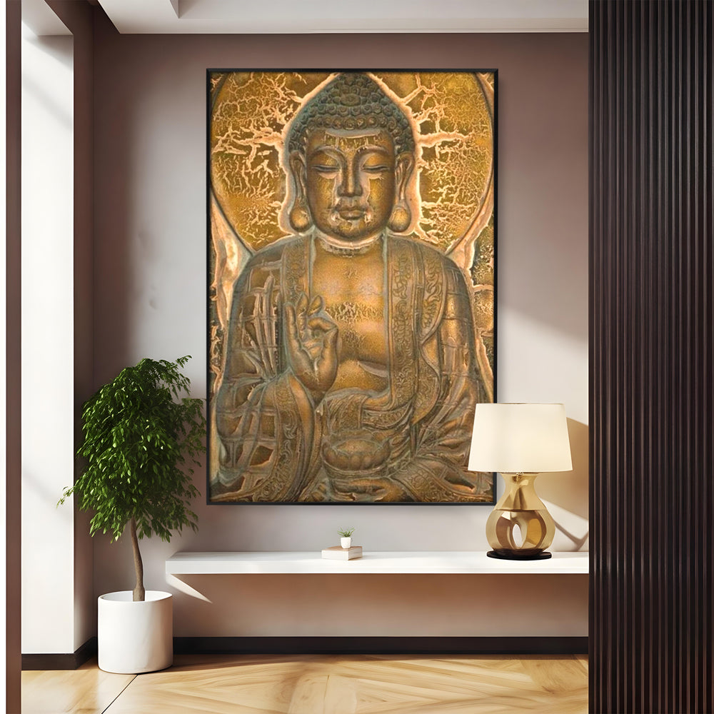 Tablou canvas cu tablou canvas cu figura lui buddha, in rama de aluminiu negru